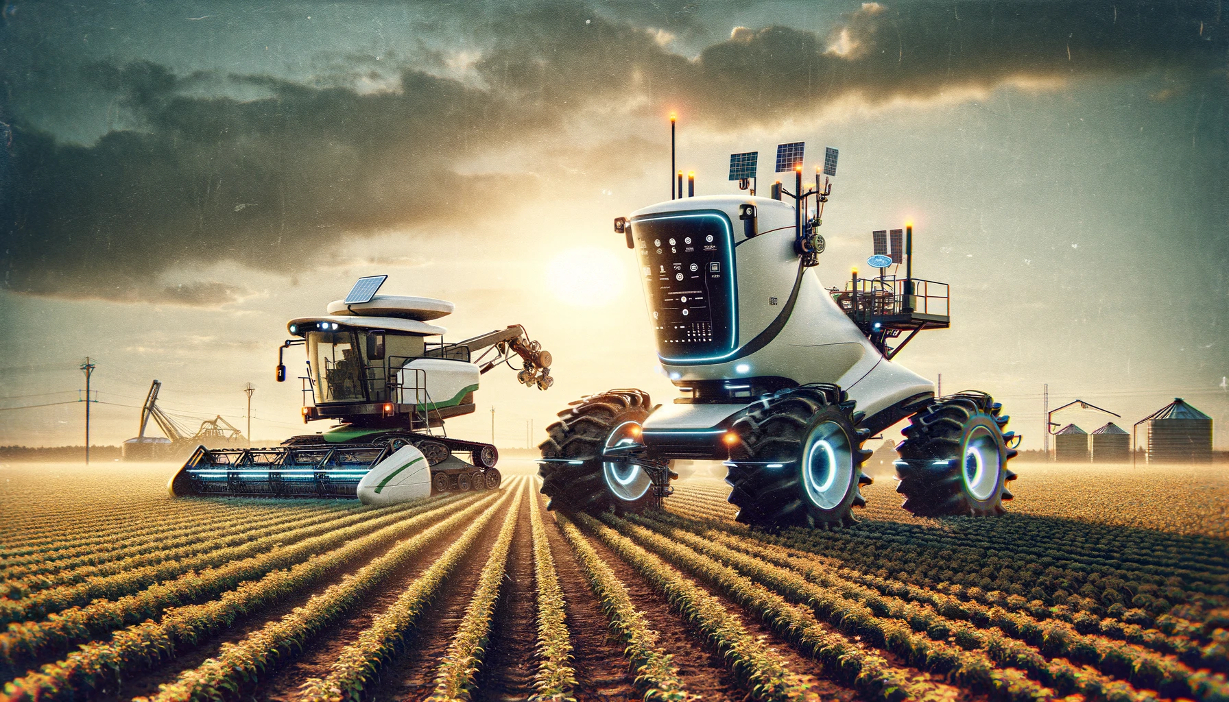 Futuristiska jordbruksmaskiner illustrerar användningen av AI i livsmedelsindustrin, med avancerad teknik för effektiv och hållbar matproduktion.
