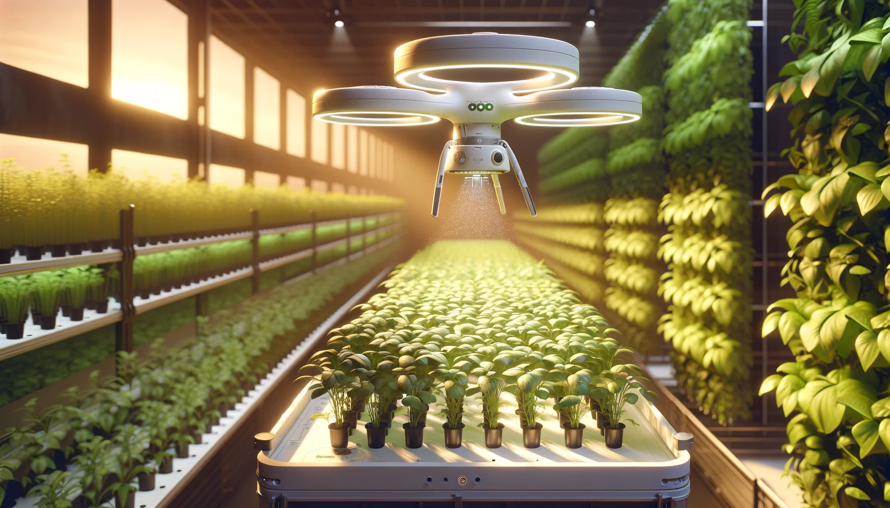 Futuristic drone caring for plants in a vertical farm, illustrating the role of AI in the food industry to optimize cultivation and streamline resource use.