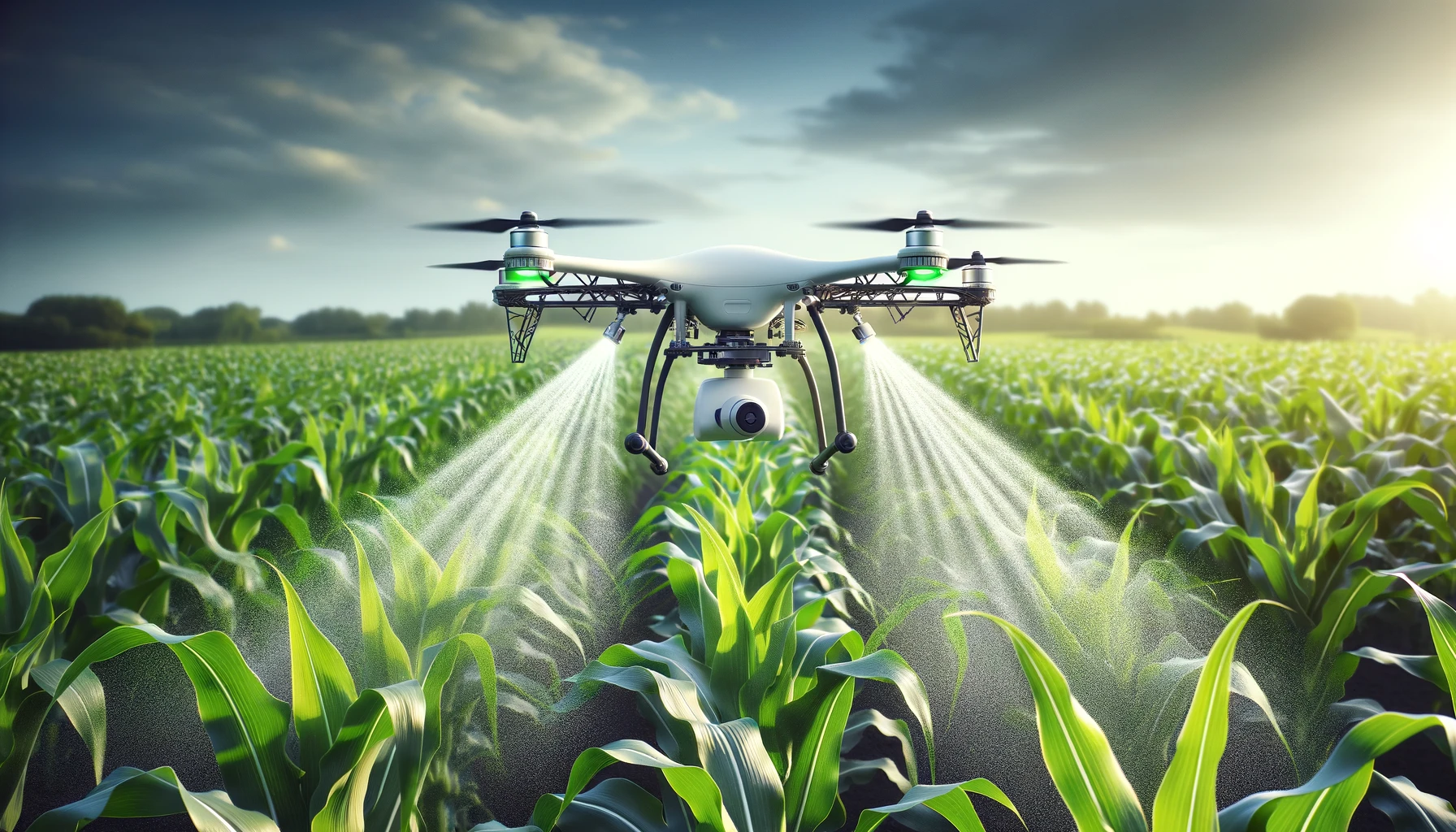 Jordbruksdrönare som flyger och vattnar ett fält.  Generativ AI.