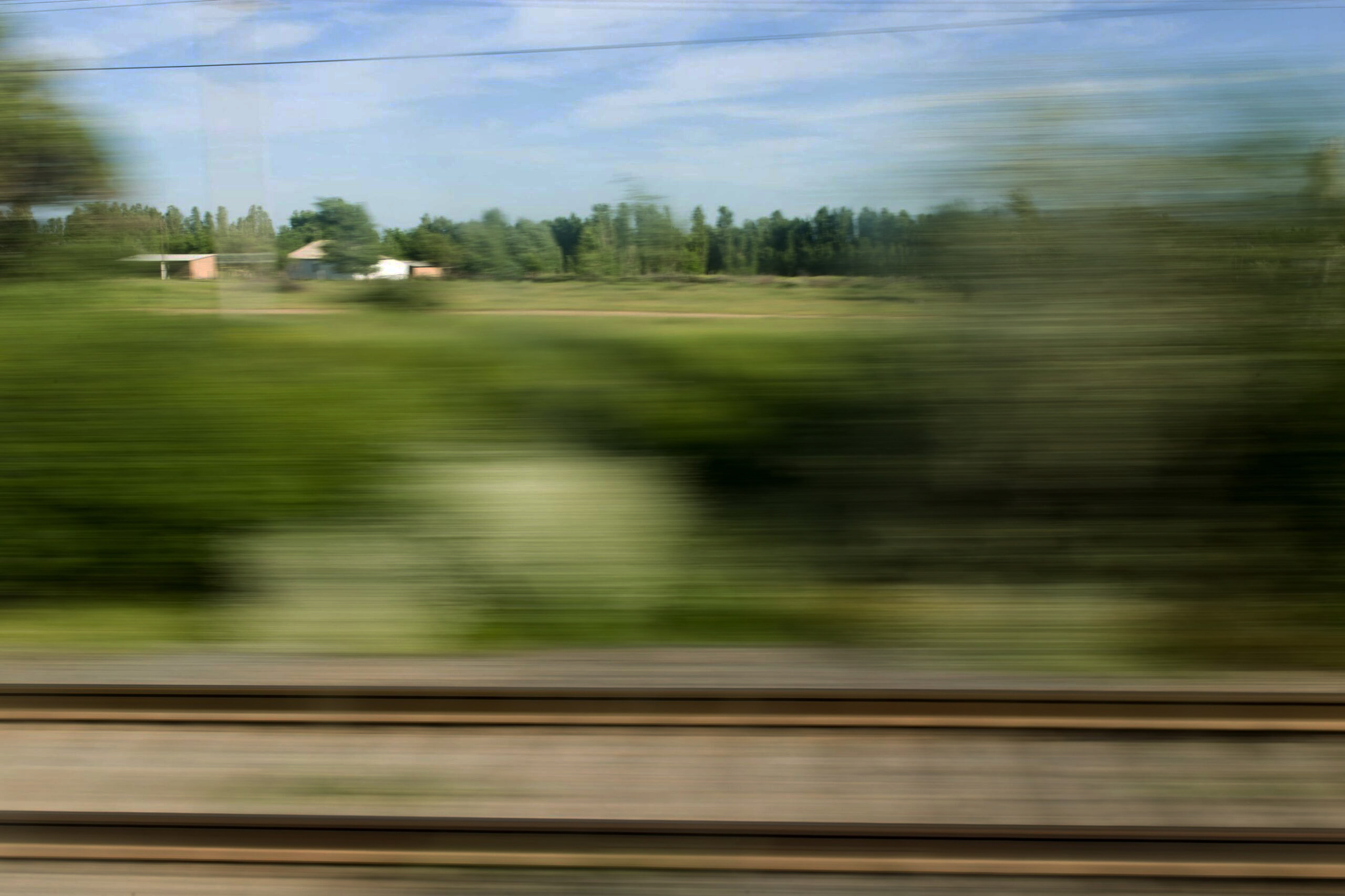 Suddig bild av landskap med grönska och järnvägsspår, tagen från ett snabbtgående tåg.