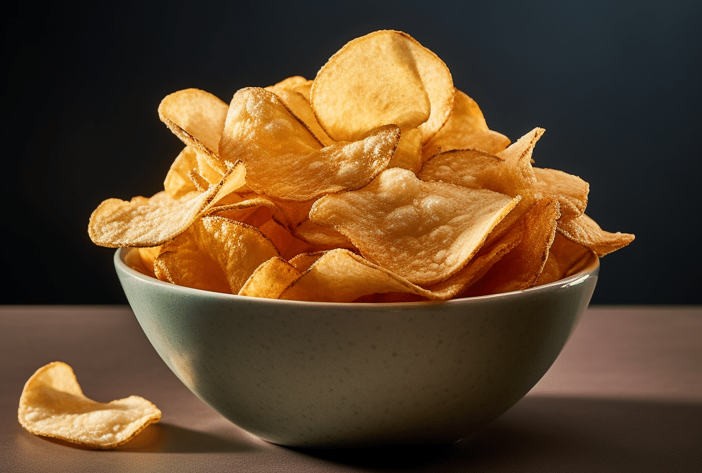 A bowl filled with golden, crispy potato crisps on a dark background.
