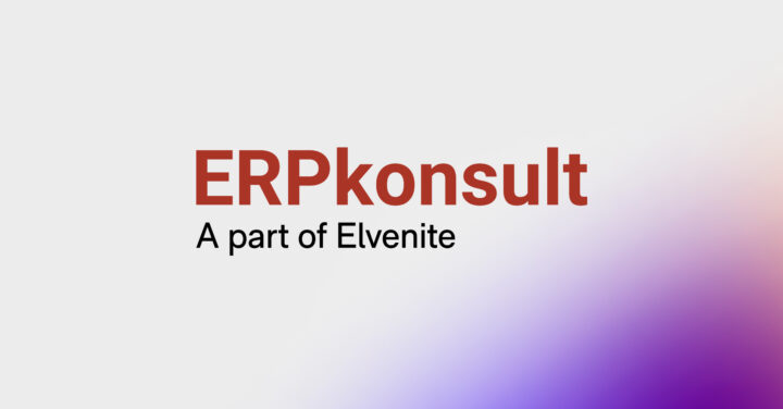 Texten "ERPkonsult A part of Elvenite" på en övertoning av vit och lila bakgrund.