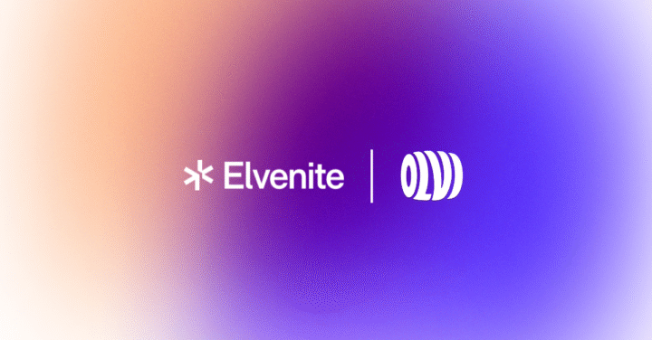 Elvenite och OLVI logotyper på en gradient bakgrund i lila och orange.