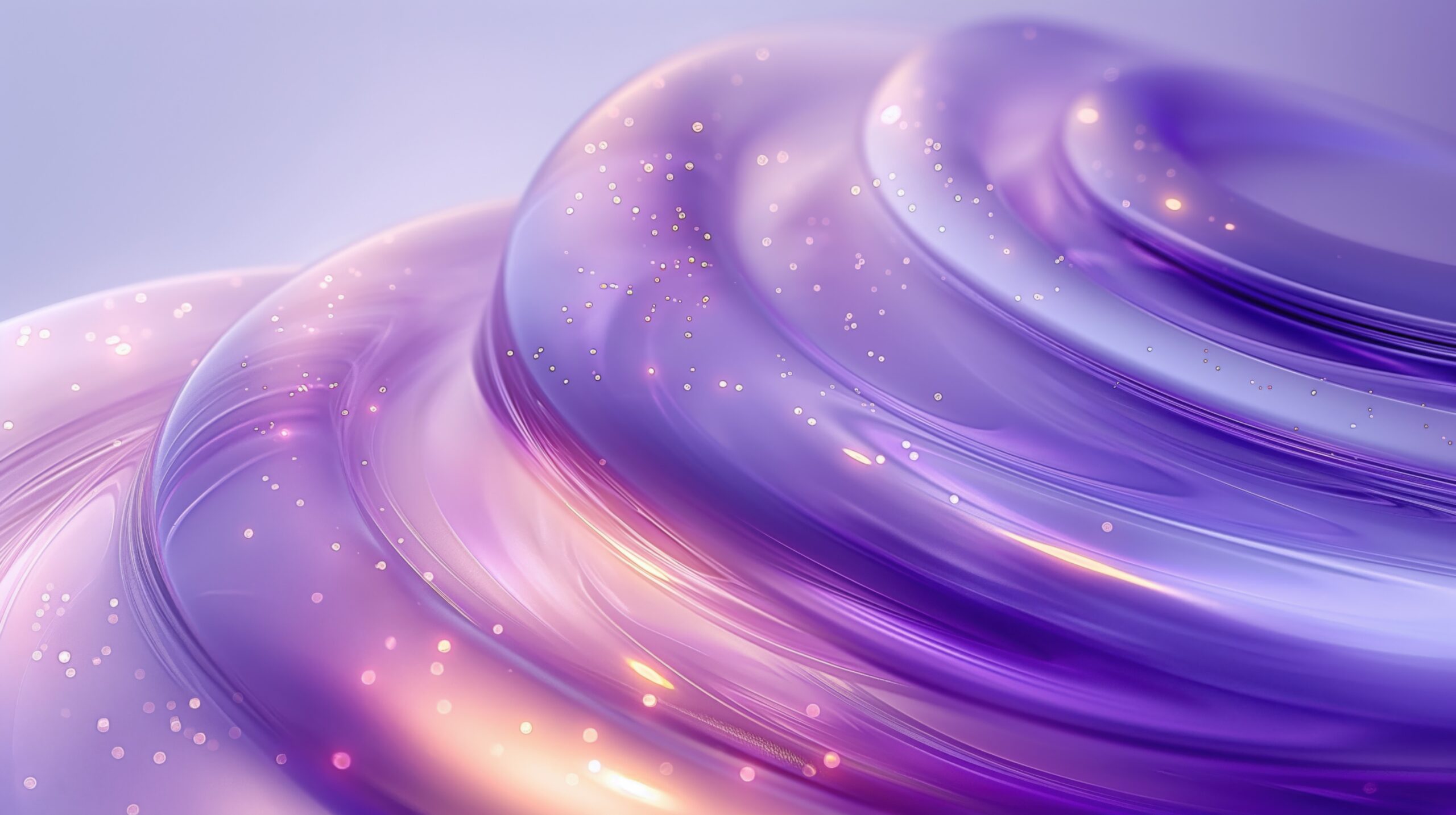 Abstract swirls of glossy purple and violet with soft glowing lights and sparkles on a smooth, layered surface.