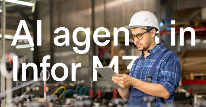 Man med hjälm studerar surfplatta i industrimiljö, texten "AI agents in Infor M3" syns över bilden.