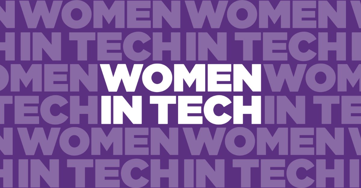 Vit text på lila bakgrund som säger "WOMEN IN TECH" flera gånger, med en central text i fetstil.