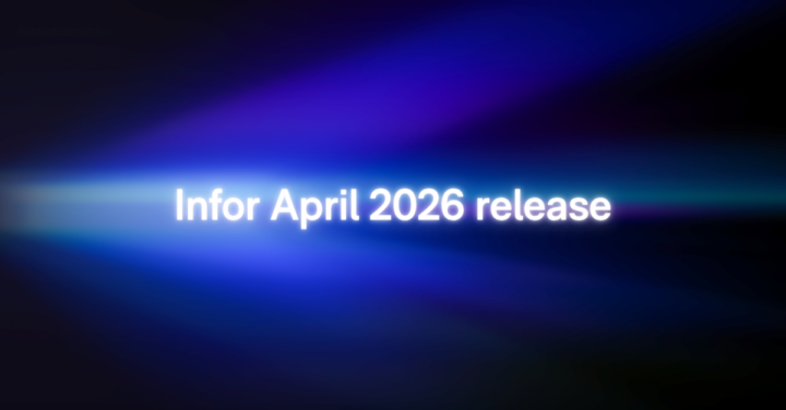 White text "Infor April 2026 release" on a blue and purple abstract light background.