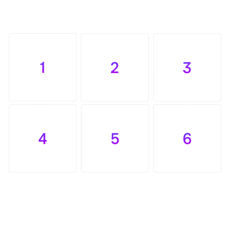 Six white squares in two rows, each with a purple number from 1 to 6 on a green background.