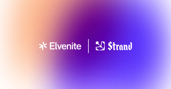 Elvenite and Strand logos side by side on a blurred gradient orange and purple background.