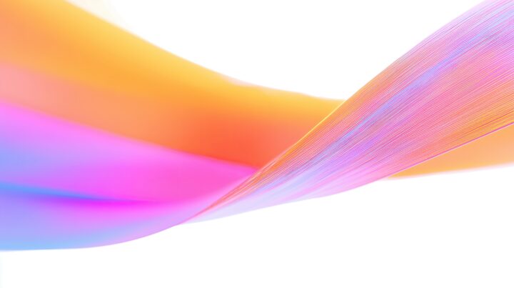 Abstract wave of orange, pink, and purple gradients on a white background.