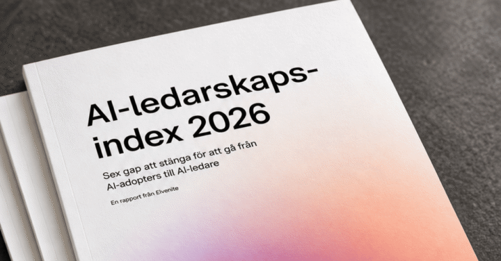 Närbild av rapporten "AI-ledarskapsindex 2026" med vit och pastellfärgad framsida.
