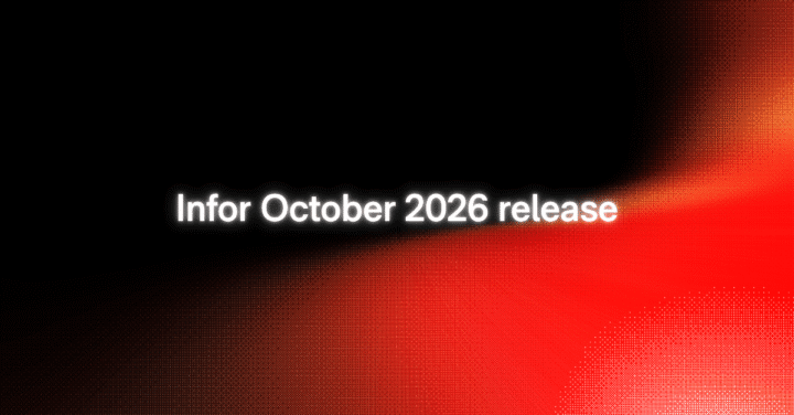 Text "Infor October 2026 release" on a black and red gradient background.
